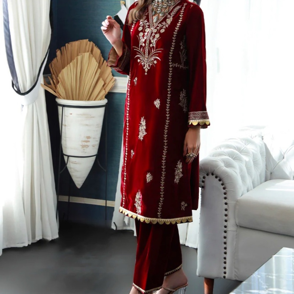 Elegant Maroon Embroidered Velvet 2pc Pakistani Suit by Asim Jofa